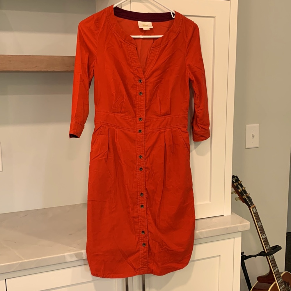 Anthropologie Maeve Orange 3/4 Sleeve Corduroy Womens Button Up Dress W/Pockets